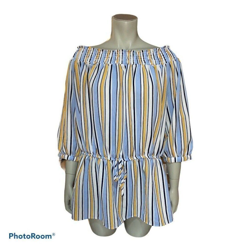Stella Tweed Blue Yellow Striped Off Shoulder Top